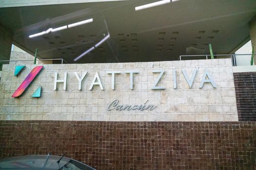 Cancun, Mexico - September 16, 2021: Hyatt Ziva Cancun Hotel sign at the entrance of hotel. Luxury resort on Riviera Maya, Yucatan Peninsula