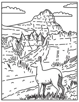 Badlands National Park with Deer and Steep Canyons in South Dakota USA Mono line Poster Art 