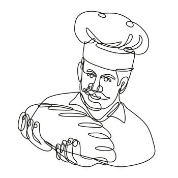 Baker Holding Bread Loaf Front View Continuous Line Drawing 