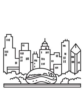 Chicago Downtown Skyline with the Bean or Cloud Gate Sculpture on Park Grill Lake Michigan Illinois USA Mono Line Art Poster 