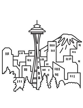 Seattle City Downtown Skyline with Space Needle and Mount Rainier Washington State USA Mono Line Art Poster 