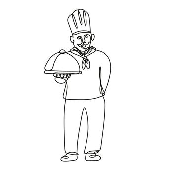 Chef Cook or Baker Holding a Platter Front View Continuous Line Drawing 