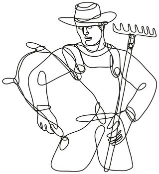 Organic Farmer with Rake and Carrying Sack Continuous Line Drawing 