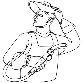 Welder with Visor Holding Welding Torch Continuous Line Drawing 