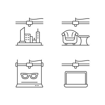Three dimensional objects production linear icons set