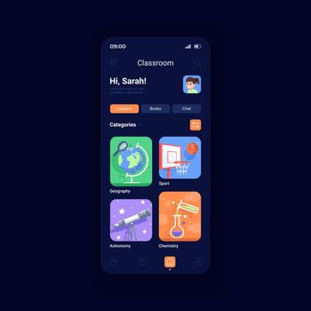 Online classes night mode smartphone interface vector template