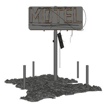 Destroyed signboard of a motel isolated on white background. 3D. Vector illustration