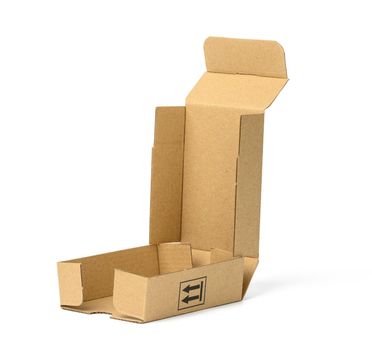 folding cardboard box made of brown corrugated cardboard on white background