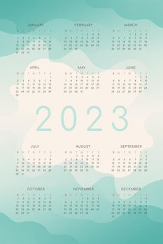 2023 calendar with turquoise teal green gradient fluid wave shapes