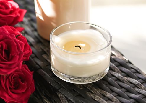 Scented candles collection as luxury spa background and bathroom home decor, organic aroma candle for aromatherapy and relaxed atmosphere, beauty and wellness