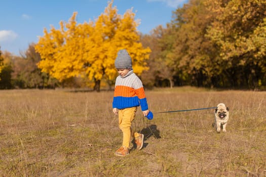 A child walks with a pug in the autumn park. Friends since childhood