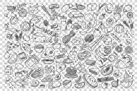 Food doodle set. Collection of hand drawn sketches templates of various different kind of meal. Meat pizza fish and fast food burger sandwitch or healthy vegetables and fruits illustration.