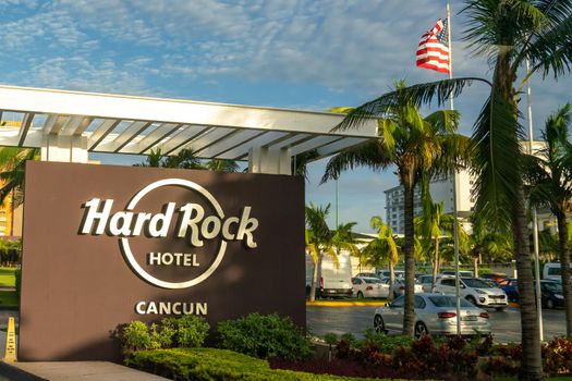 Cancun, Mexico - 16 September 2021: Hard Rock Cancun Hotel sign at the entrance of hotel. Luxury resort on Riviera Maya, Yucatan Peninsula
