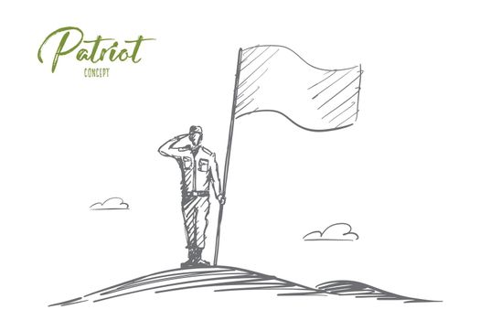 Hand drawn patriot soldier standing with flag