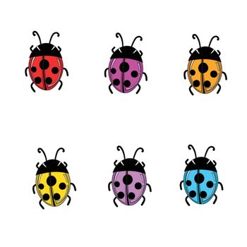 Set of cartoon ladybird mascot. A small ladybugs flying. Vector characters. Incest icon. Template design for invitation, cards. Doodle style