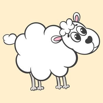 Funny baby lamb, cute drawn animal. Pets white fluffy sheep. Childish character, isolated object. Vector illustration.