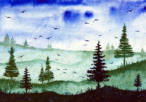 Forest Watercolor Landscape Painting Original Art can be used for Background Print and Wallpaper Design. Nature View with Trees and Sky, Birds. Picture in Green and Blue colors