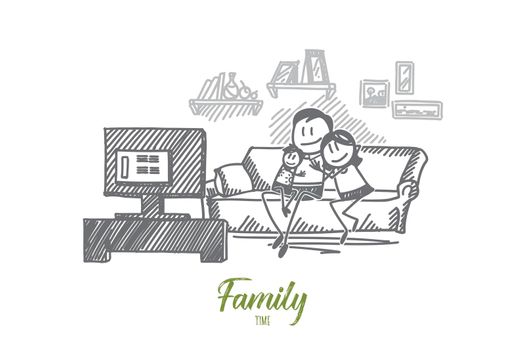 Hand drawn family watching TV on sofa together