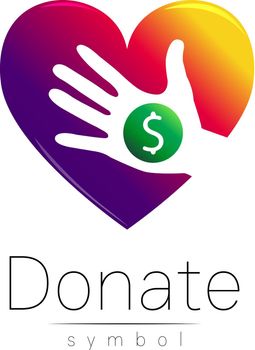 Donation sign icon. Donate money hand and heart. Charity or endowment symbol. Human helping. on white background. Vector.Violet color.