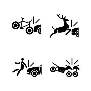 Traffic collision scenarios black glyph icons set on white space