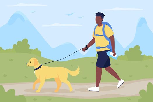 Trekker walk with dog companion flat color vector illustration