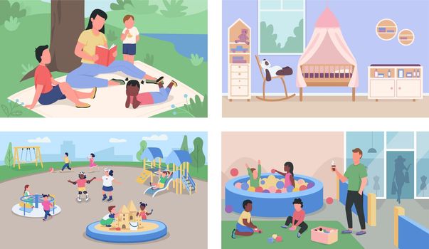 Childcare and daycare flat color vector illustration set