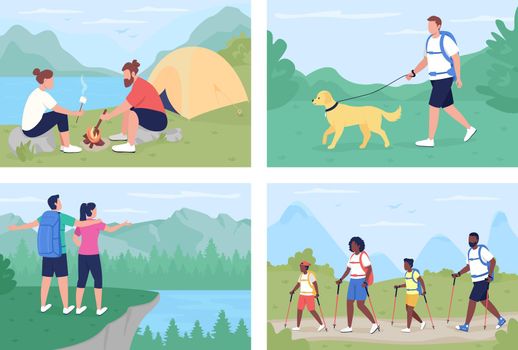Leisure activity outdoors flat color vector illustration set