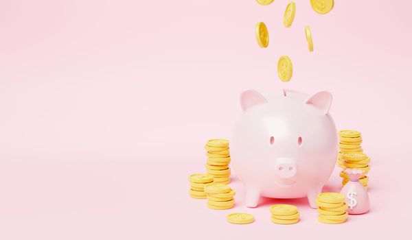 Piggy bank with coin money raining falling to piggy on pink background