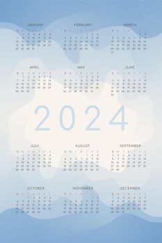 2024 calendar with blue gradient fluid wave shapes.