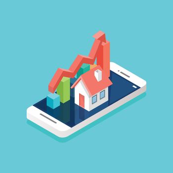 House icon and bar graph on smartphone isometric view