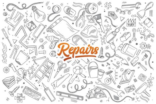 Repairs doodle set with lettering