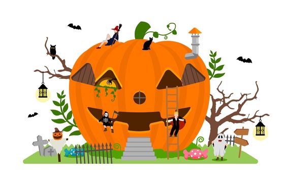 Halloween motif pupkin house illustration with costume kids