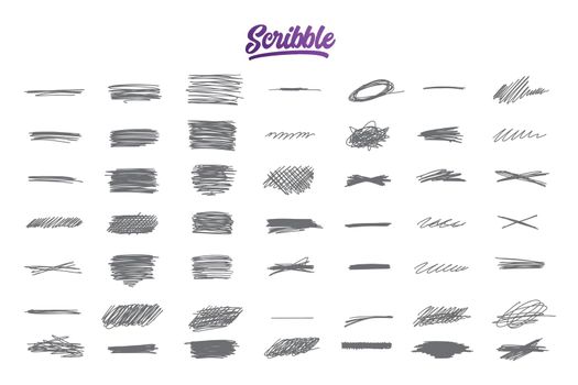 Hand drawn scribble set with purple lettering