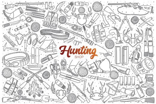 Hand drawn hunting shop set with lettering