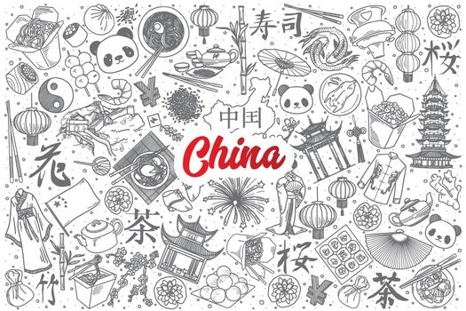 Hand drawn China doodle set with lettering