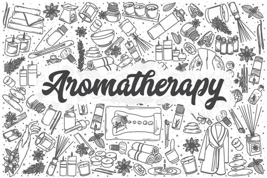 Hand drawn aromatherapy vector doodle set.