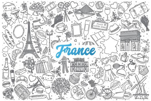 Hand drawn France doodle set with lettering