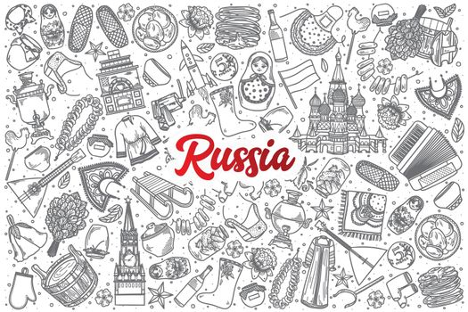Hand drawn Russia doodle set with lettering