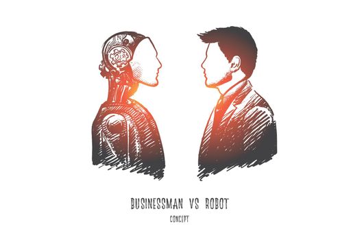 Businessman vs robot concept. Hand drawn isolated vector.