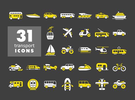 Transportation vector flat icon set on dark background. Graph symbol for travel and tourism web site and apps design, logo, app, UI