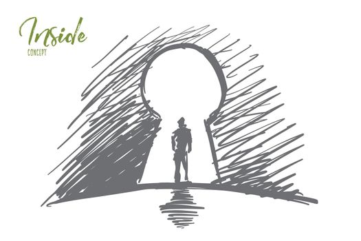 Hand drawn man standing in keyhole with lettering