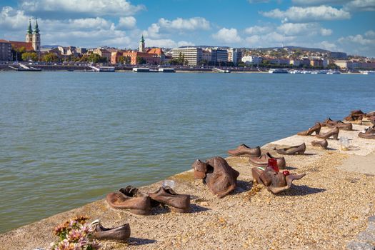 A view of the shoes on the bank of the Danube river in Budapest. A memorial in honour of Jews killed during WW2