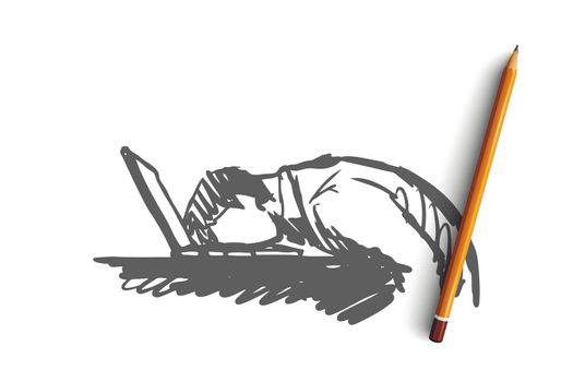 Businessman, stress, tiredness, programmer, overwork concept. Hand drawn isolated vector.