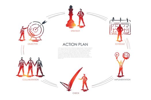 Action plan - strategy, collabororation, check, implementation, objective set concept.