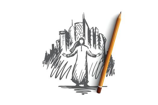 Megapolis, big city, businessman, islam, muslim concept. Hand drawn isolated vector.