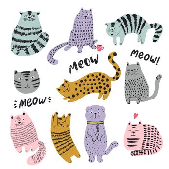 Cute cats hand drawn set. Funny kitten characters doodle illustration. Flat pets Vector illustration