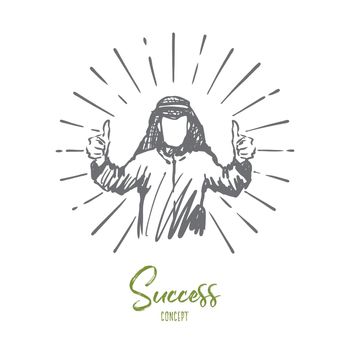 Muslim, success, businessman, expert and reliability concept. Hand drawn isolated vector.
