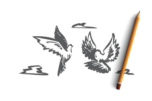 Freedom, peace, couple, flight, birds concept. Hand drawn isolated vector.
