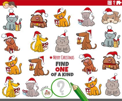 Cartoon illustration of find one of a kind picture educational activity with pets characters on Christmas time