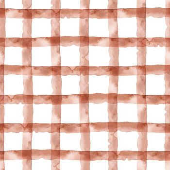 Brown Plaid Abstract Watercolor Geometric Background. Seamless Pattern with Stripes and Check. Handmade Texture for Fabric Design and Paper Wallpaper.